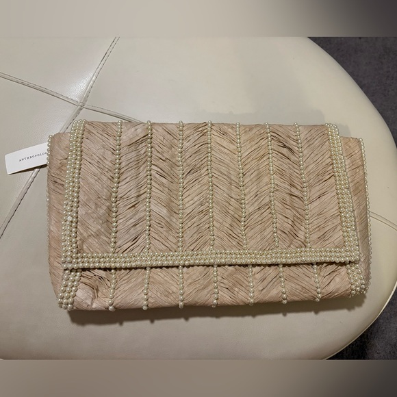 Anthropologie Raffia Pearl Embellished Clutch - Picture 1 of 9
